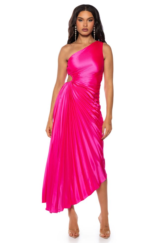 Front View Must Be Love Pleated One Shoulder Maxi Dress In Neon Pink
