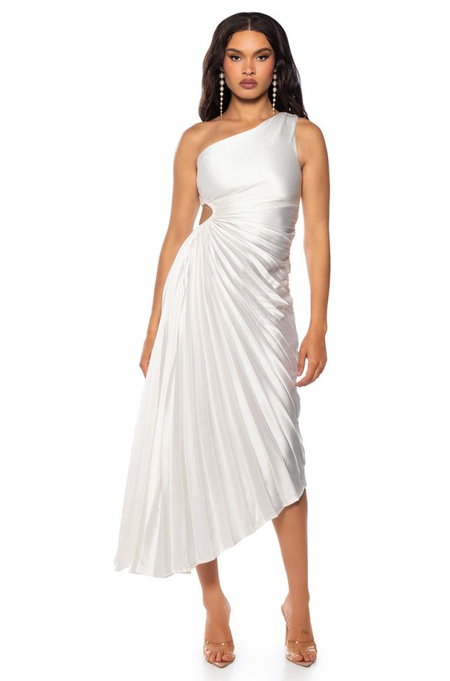 Front View Must Be Love Pleated One Shoulder Midi Dress In White