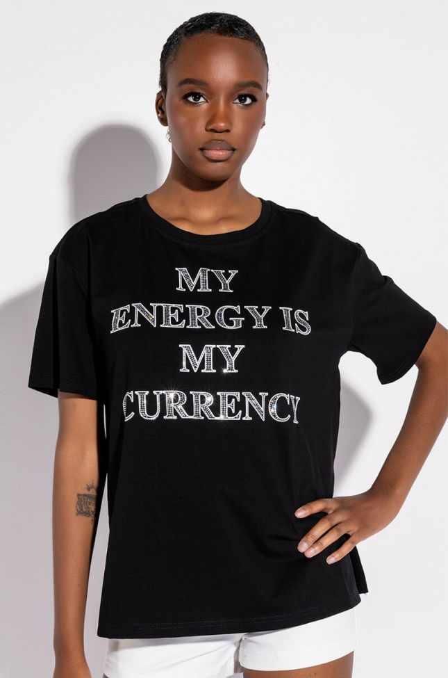 Front View My Energy Is My Currency Oversized Cut Out Tshirt