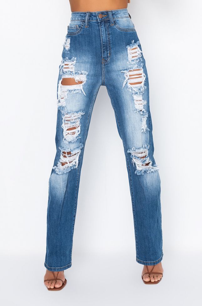 Front View Mykonos High Waist Distressed Relaxed Jeans in Medium Blue Denim