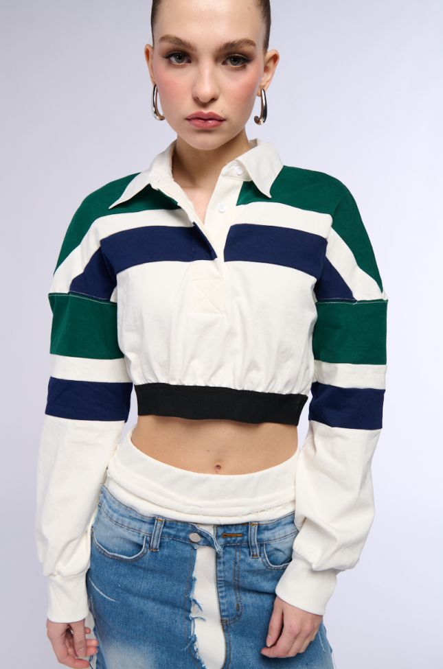 Front View Mylah Cropped Collared Long Sleeve Shirt