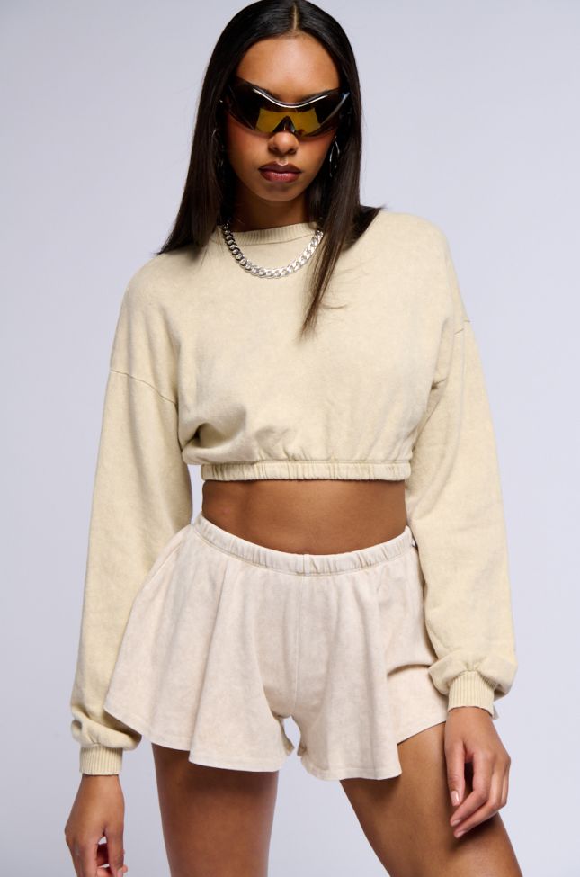 Front View Mystery Girl Mineral Wash Cropped Sweatshirt In Ivory