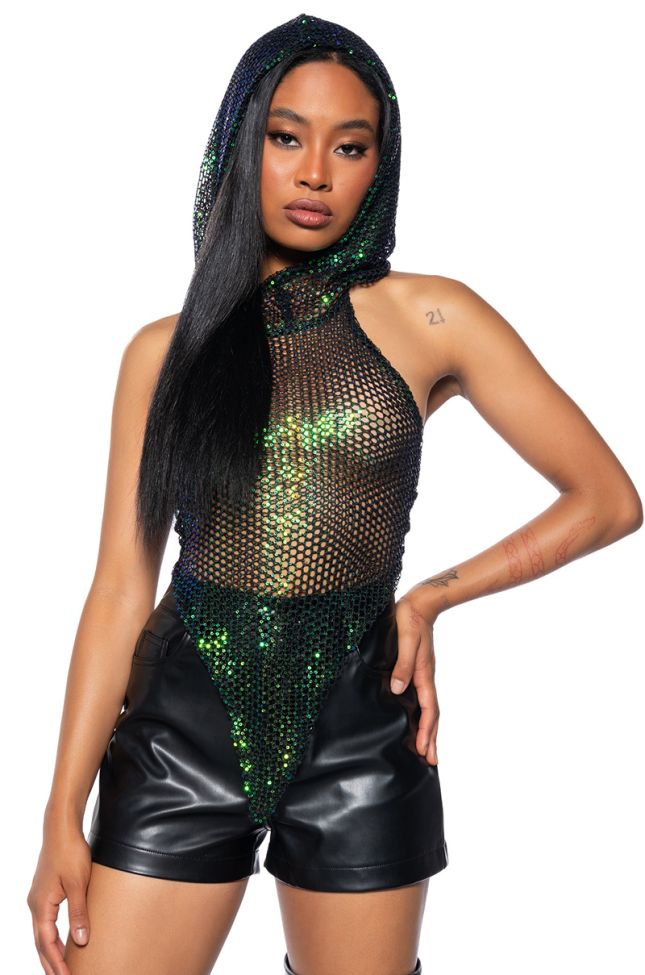 Front View Mystery Girl Sleeveless Sequin Hooded Top In Green Multi