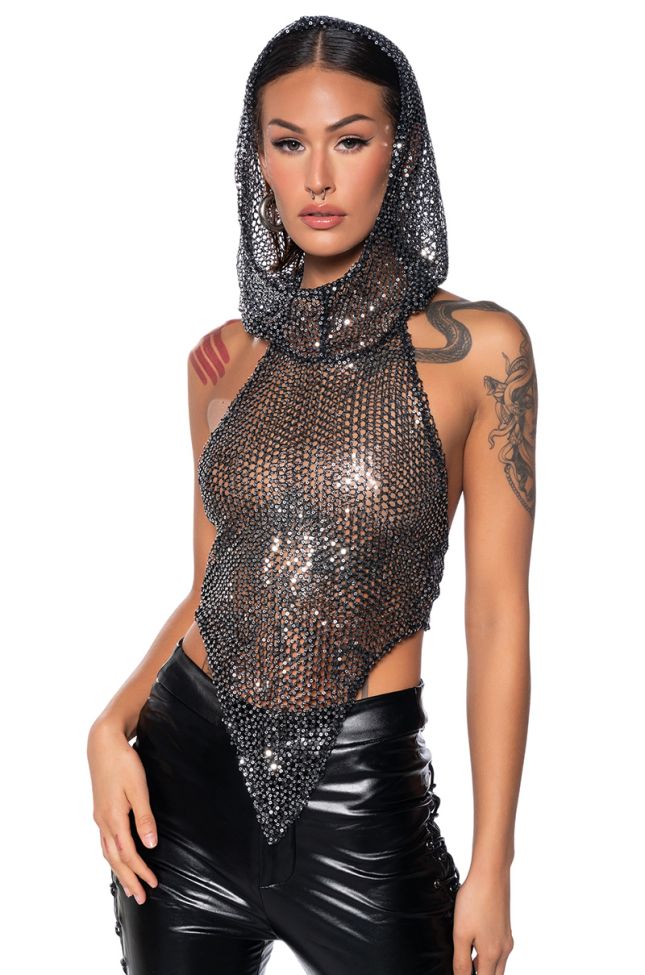 Front View Mystery Girl Sleeveless Sequin Hooded Top