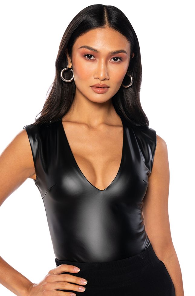 Front View Naughty But Nice Faux Leather Sleeveless Plunge Bodysuit
