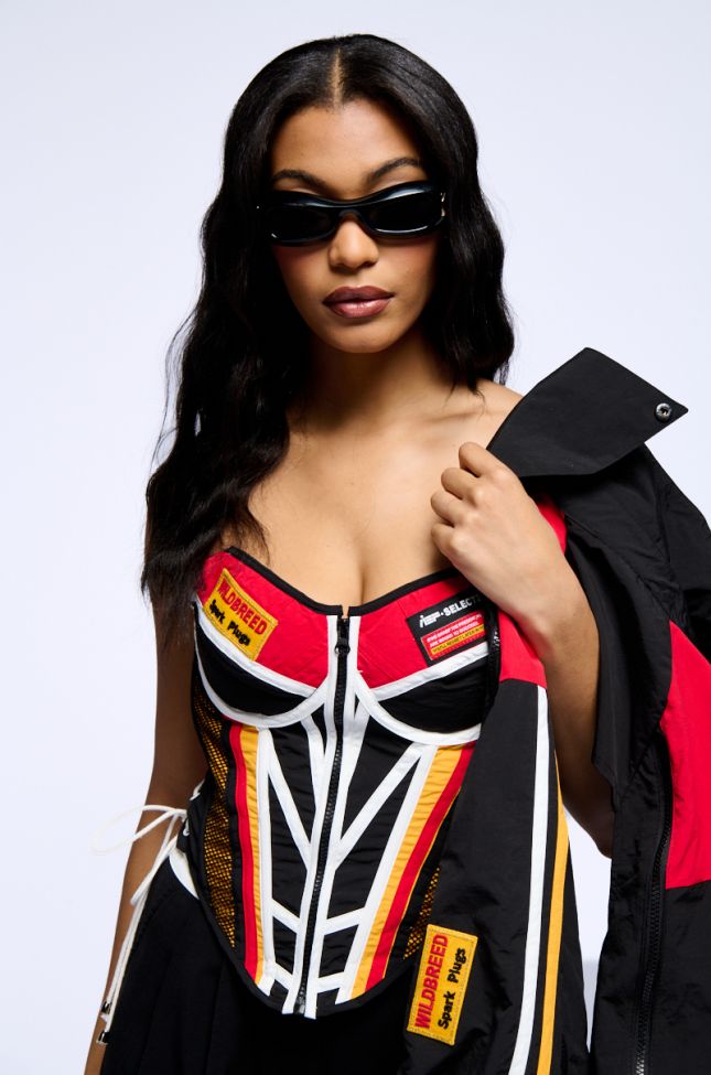 Front View Need For Speed Zip Up Front Corset Top