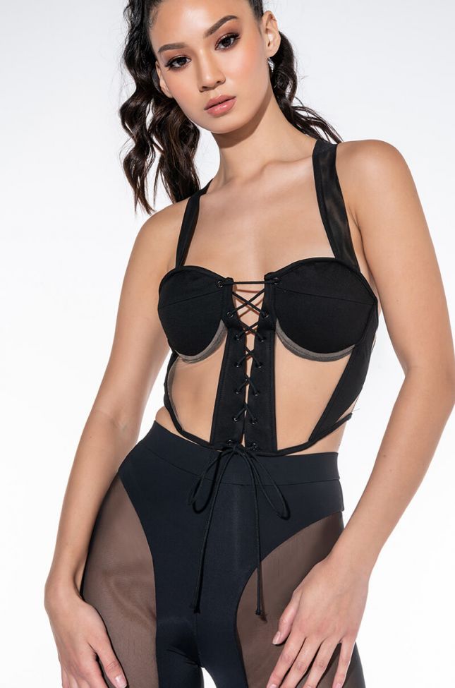 Front View Neither Here Nor There Mesh Halter Corset Top