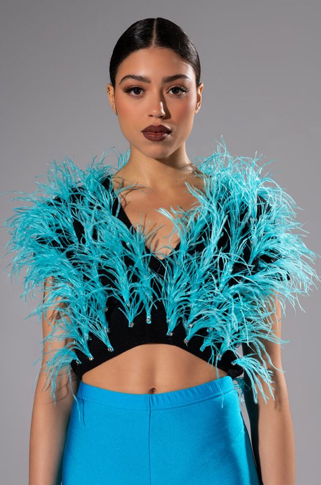 NENA FEATHER AND RHINESTONE DETAILED CROP TOP