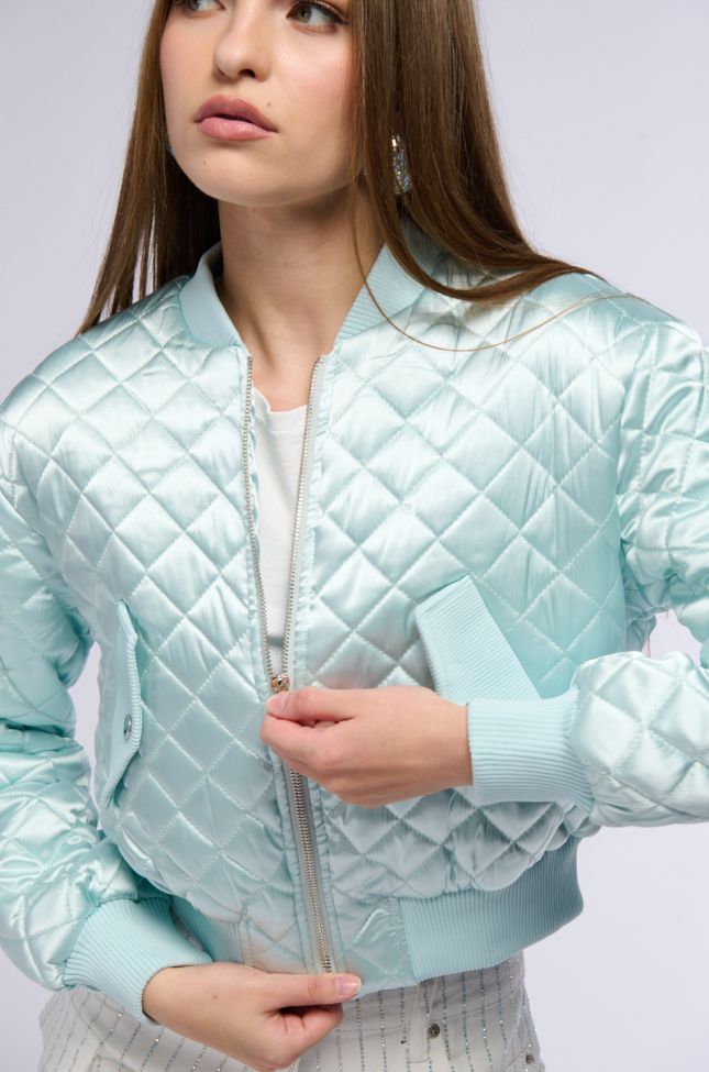 Side View Never Better Quilted Satin Bomber In Mint