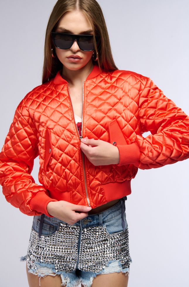 Back View Never Better Quilted Satin Bomber In Red