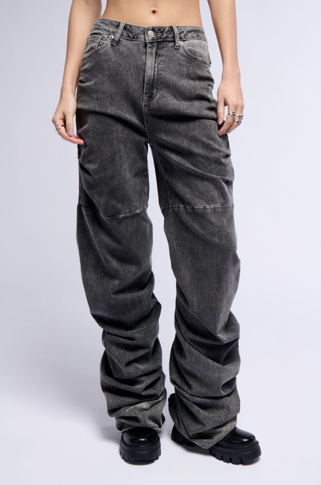 Front View Never Change Ruched Relaxed Fit Jeans In Gray