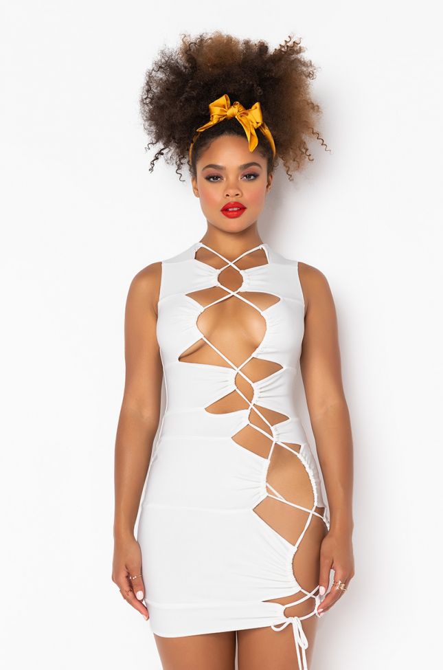 Front View Never Enough Cut Out Mini Dress in White