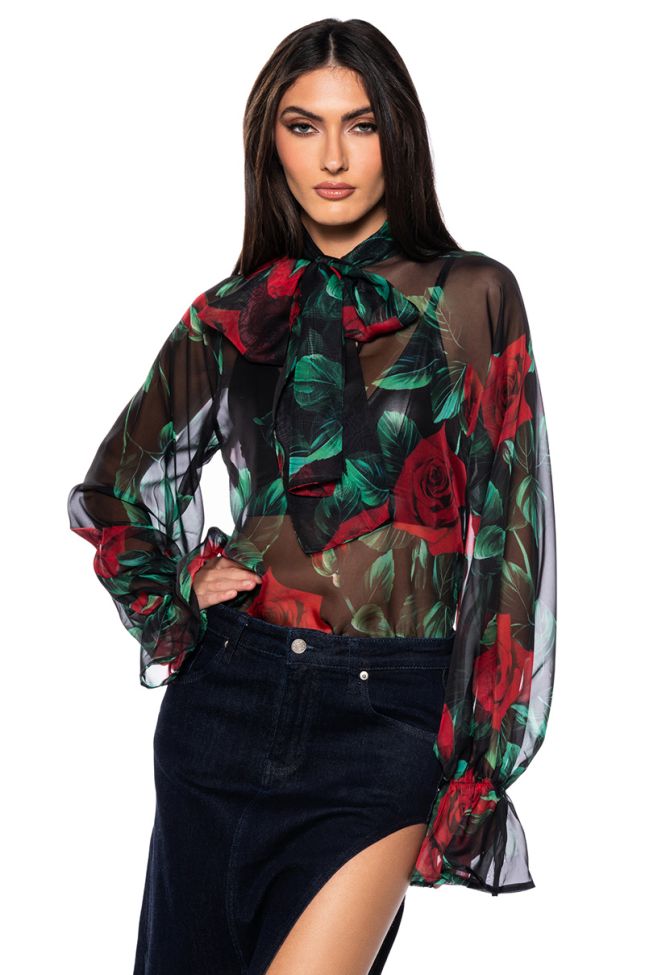 Front View Never Too Late Rose Print Tie Neck Blouse