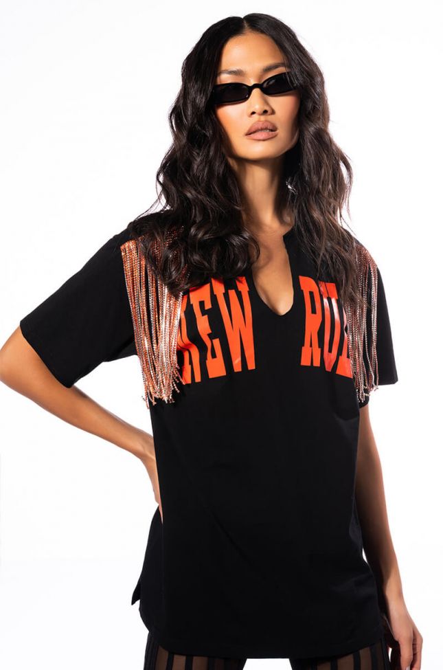 Front View New Rules Rhinestone Detail Oversized Tshirt