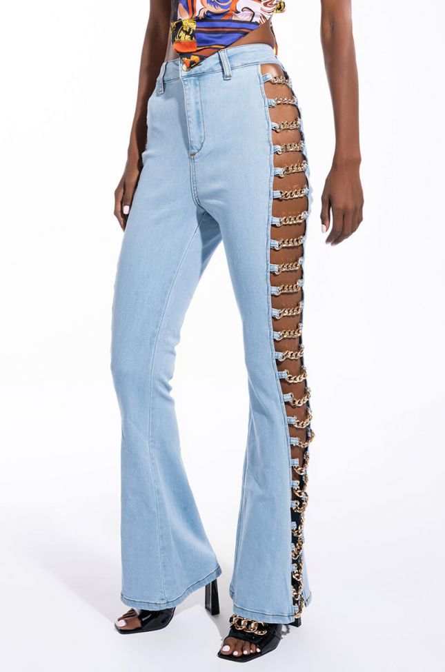 Front View New Sensation Chain Detail High Waisted Flare Jeans