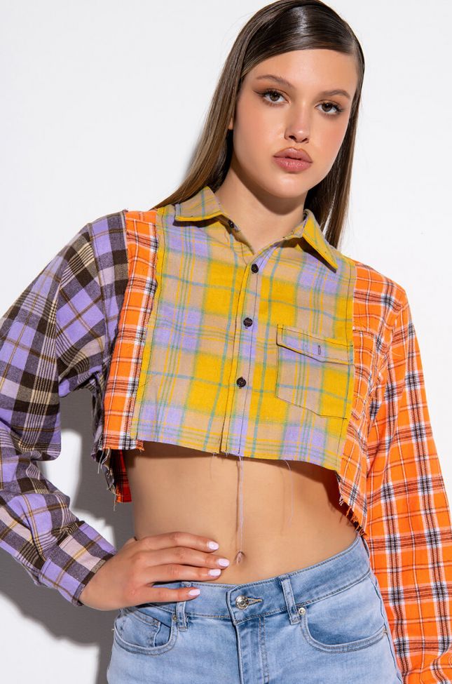 Front View New To Her Cropped Button Up Plaid Top