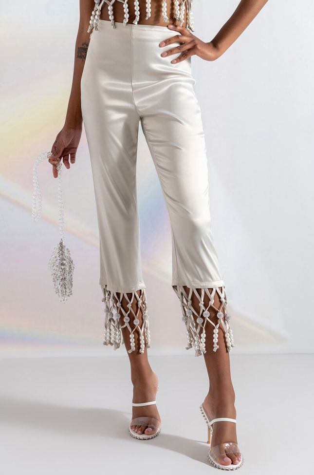 Front View Next Stop Cannes Beaded Trim High Waist Satin Pant