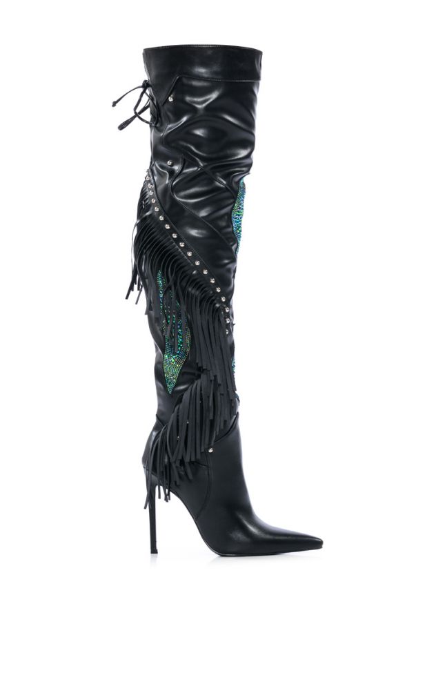Side View Next Up Rhinestone Over The Knee Stiletto Boot With Fringe In Black
