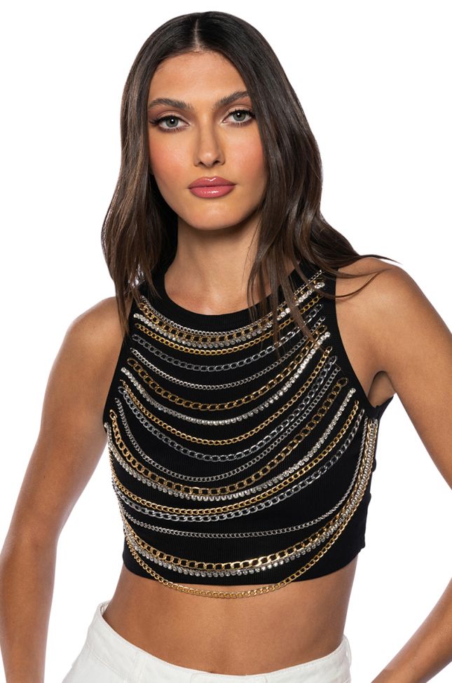 NIA CHAIN EMBELLISHED RIBBED CROP TANK IN BLACK