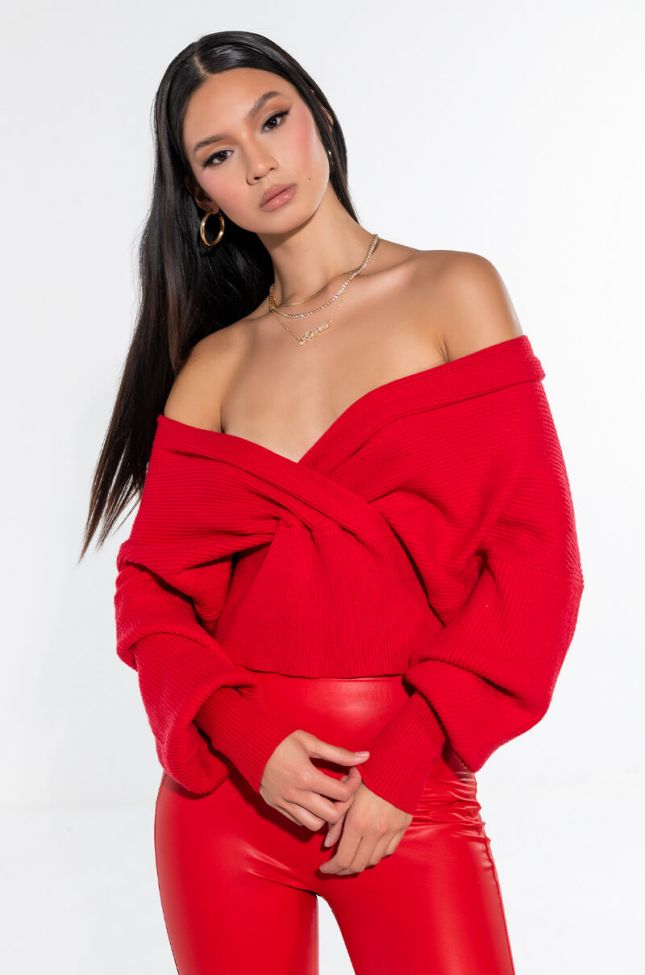 Front View Nice N Cozy Off The Shoulder Deep V Sweater