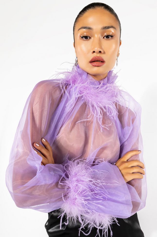 Front View Nice To Meet You Feather Trim Long Sleeve Organza Blouse