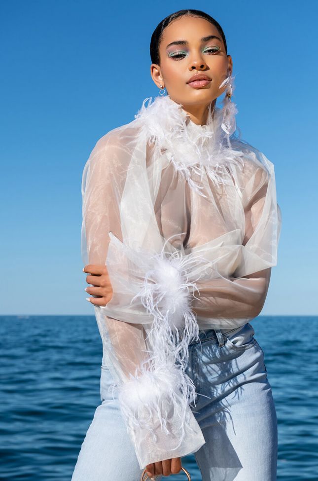 NICE TO MEET YOU FEATHER TRIM LONG SLEEVE ORGANZA BLOUSE