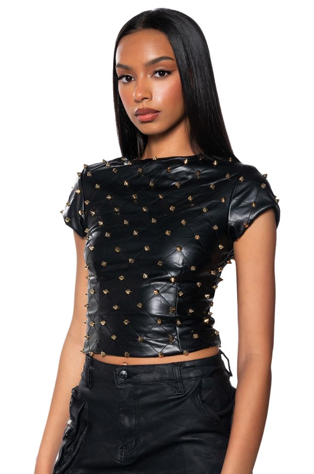 Front View Nico Faux Leather Spike Detailed Short Sleeve Top