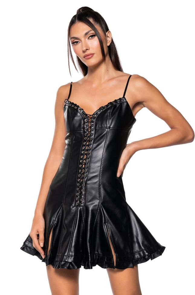 Side View Night Out Lace Up Faux Leather Mini Dress