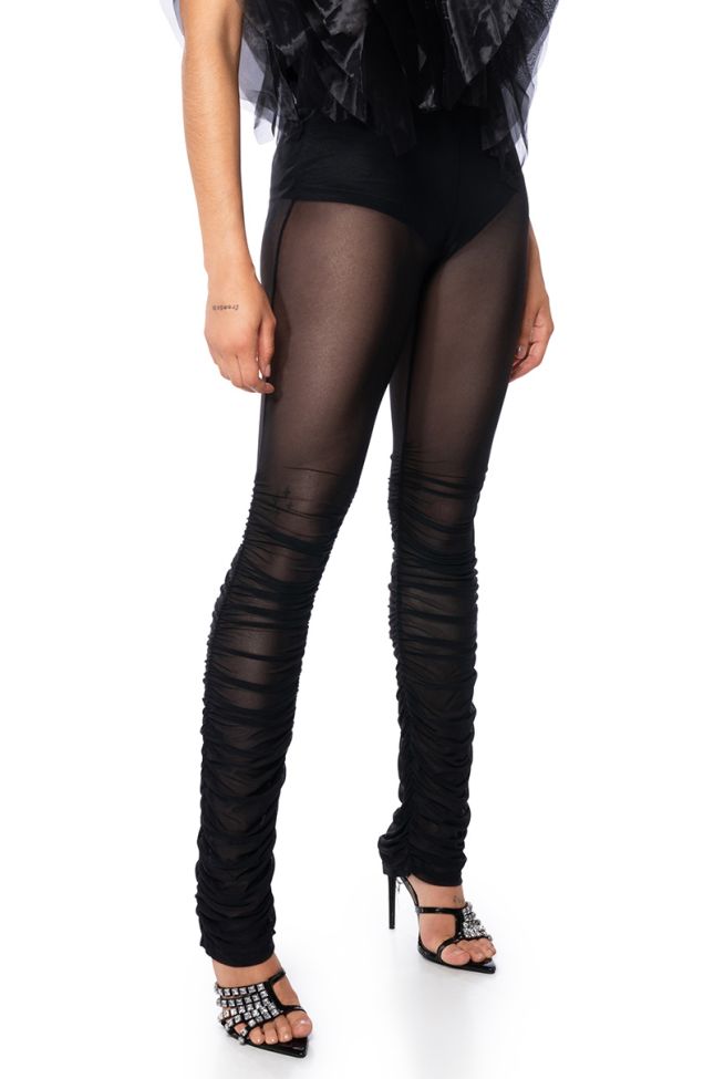 Front View Night Out Ruched Mesh Legging In Black