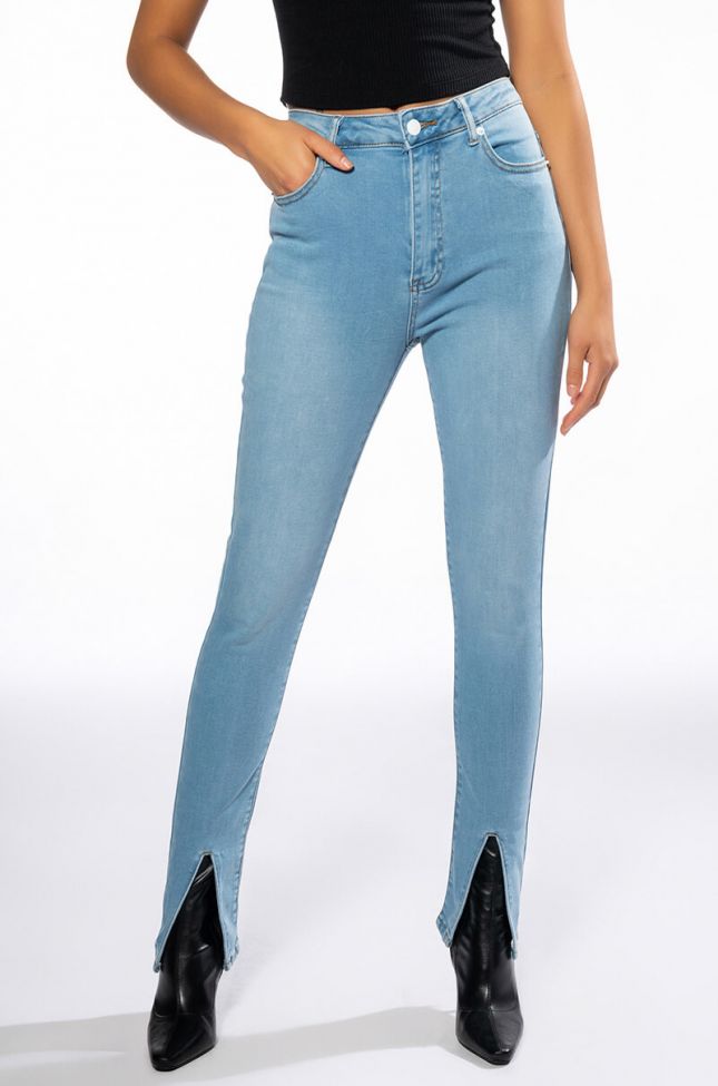 Front View Nightfall Mid Rise Skinny Jeans With Front Slit