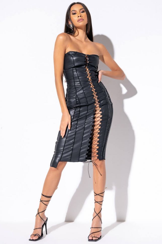 Front View No Bad Days Faux Leather Patchwork Midi Dress in Black