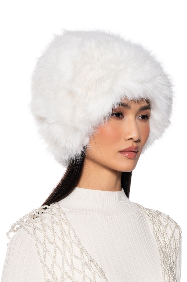 Front View No Budget Foldover Faux Fur Beanie In Ivory