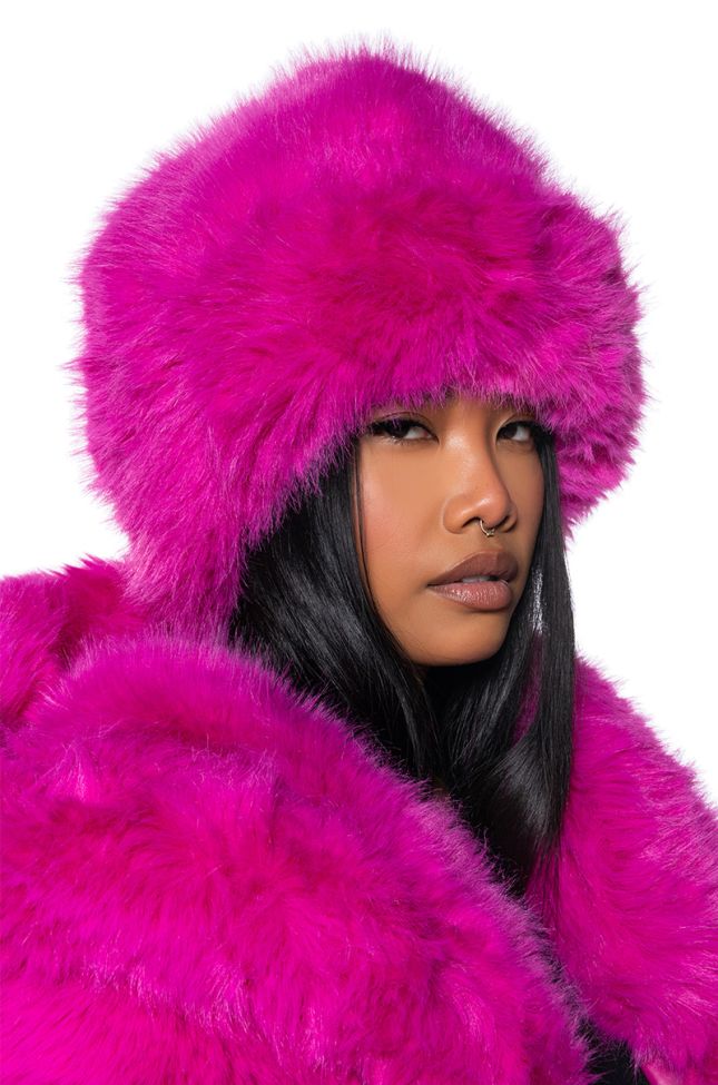 Front View No Budget Foldover Faux Fur Beanie In Pink