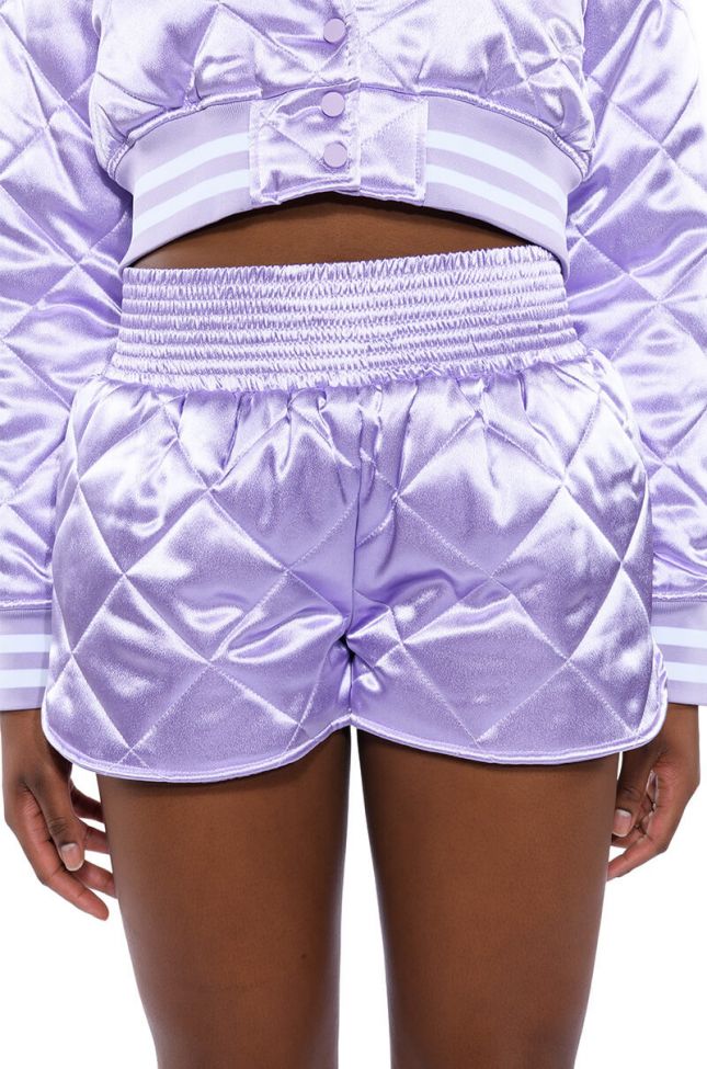 NO CAP QUILTED SATIN DOLPHIN SHORTS IN LILAC