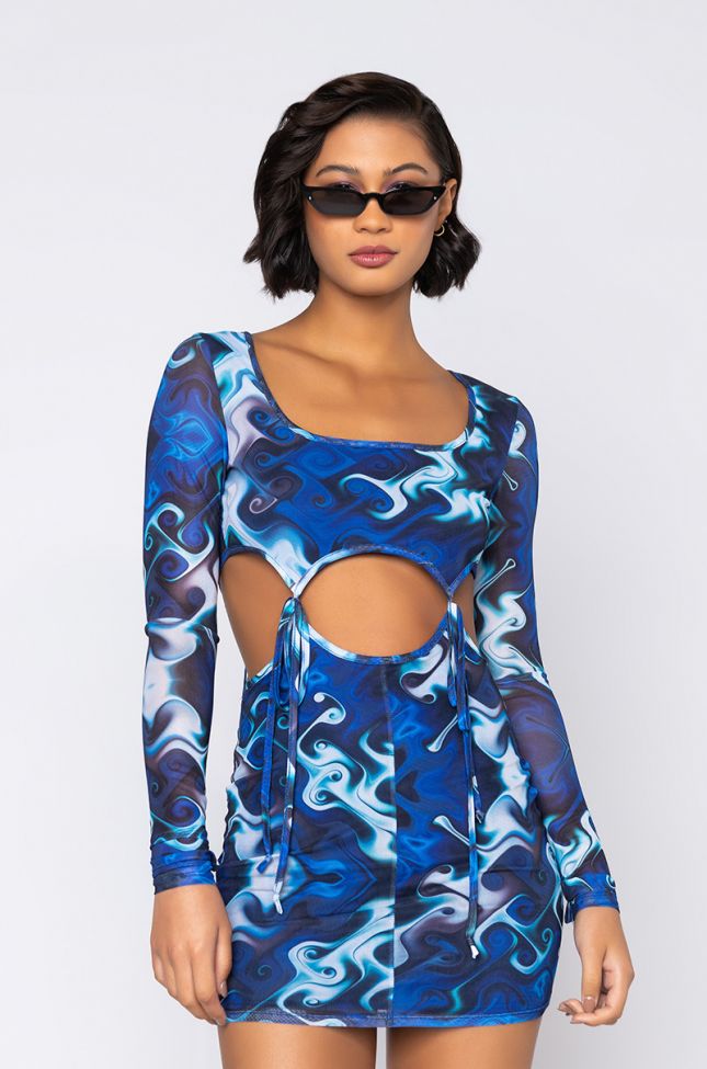 Front View No Cloudy Dayz Long Sleeve Mini Dress in Blue Multi