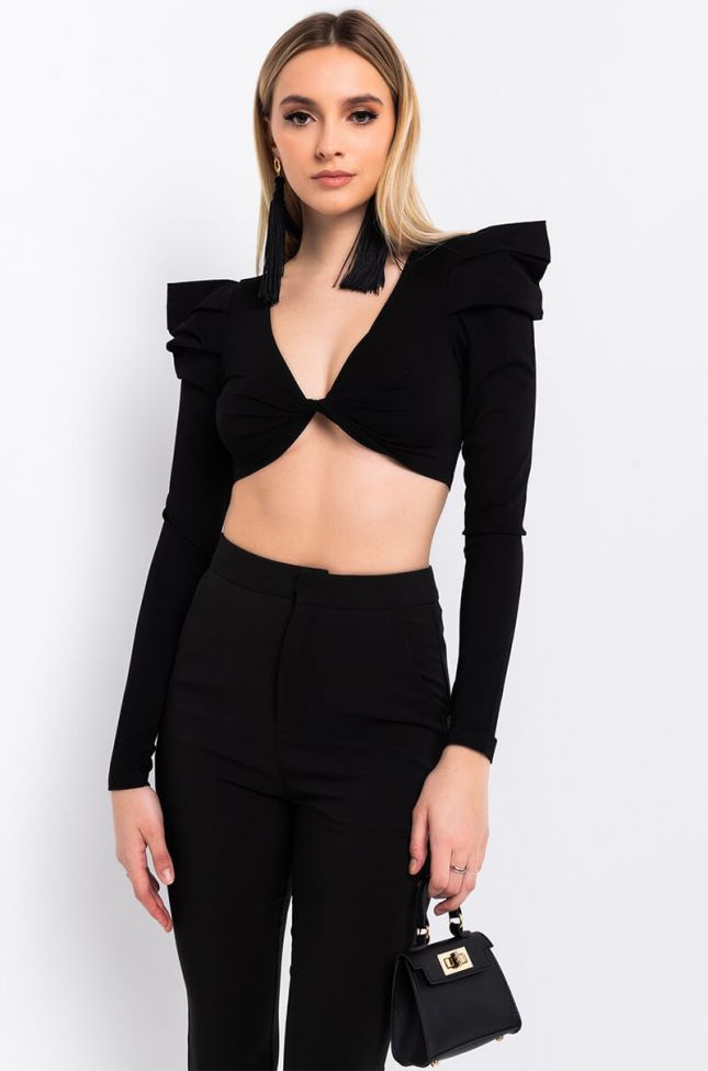Front View No More Lies Puff Sleeve Crop Top in Black