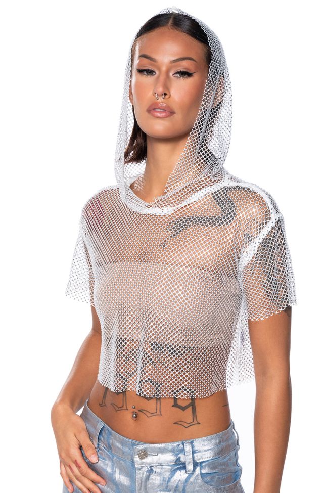 Front View North Star Rhinestone Mesh Hooded Crop Top In White