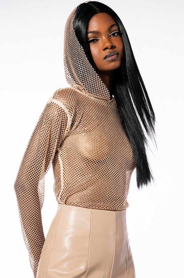 Front View North Star Rhinestone Mesh Hooded Top