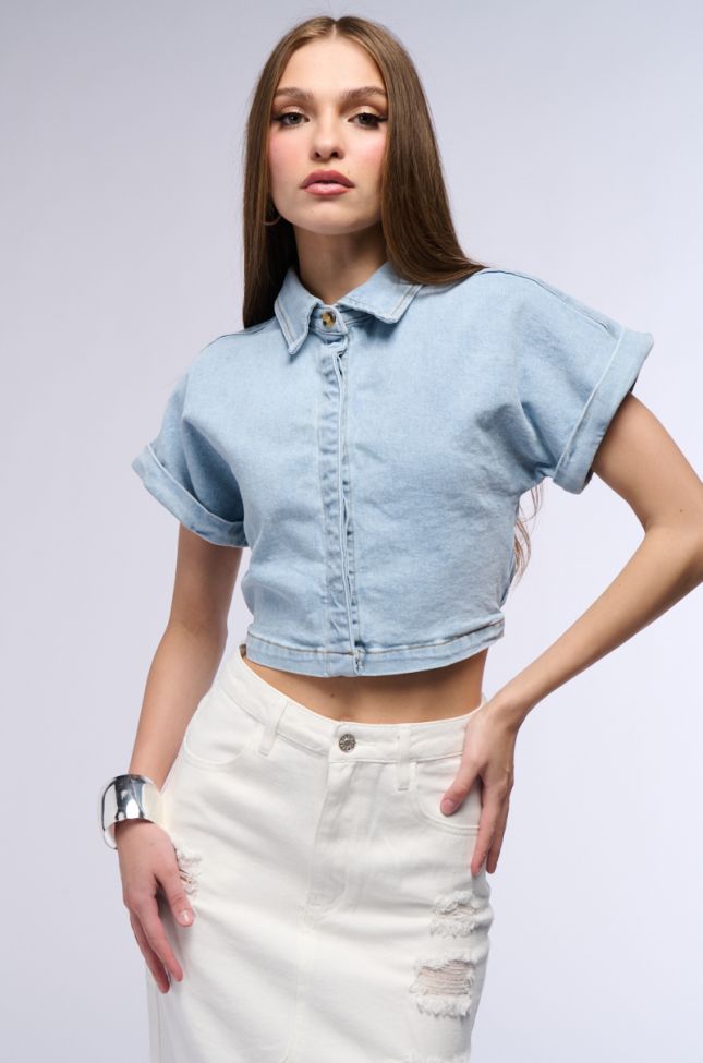 Front View Not In The Mood Cropped Denim Shirt