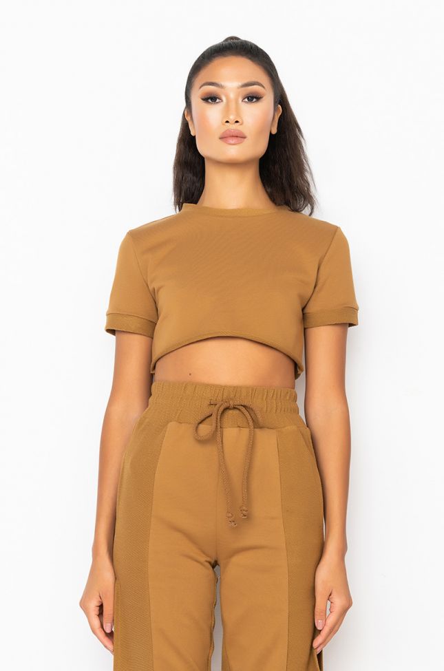 Front View Not So Casual Crop Top in Light Brown