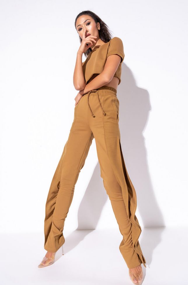 Full View Not So Casual Side Slit Sweatpants in Light Brown