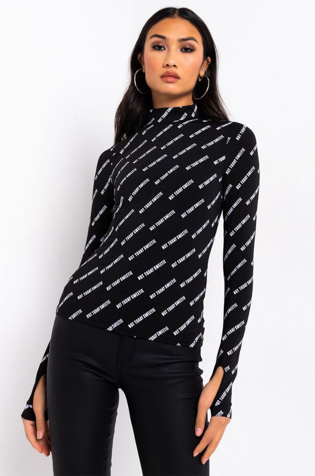 Front View Not Today Sweetie Long Sleeve Mock Neck Blouse in Black
