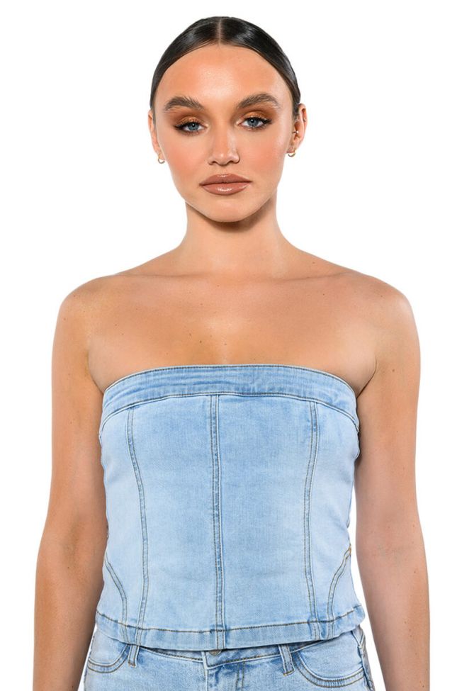 Front View Not Your Average Girl Denim Strapless Top
