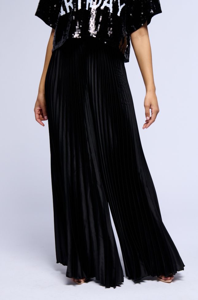 Front View Not Your Average Pleated Satin Palazzo Pant
