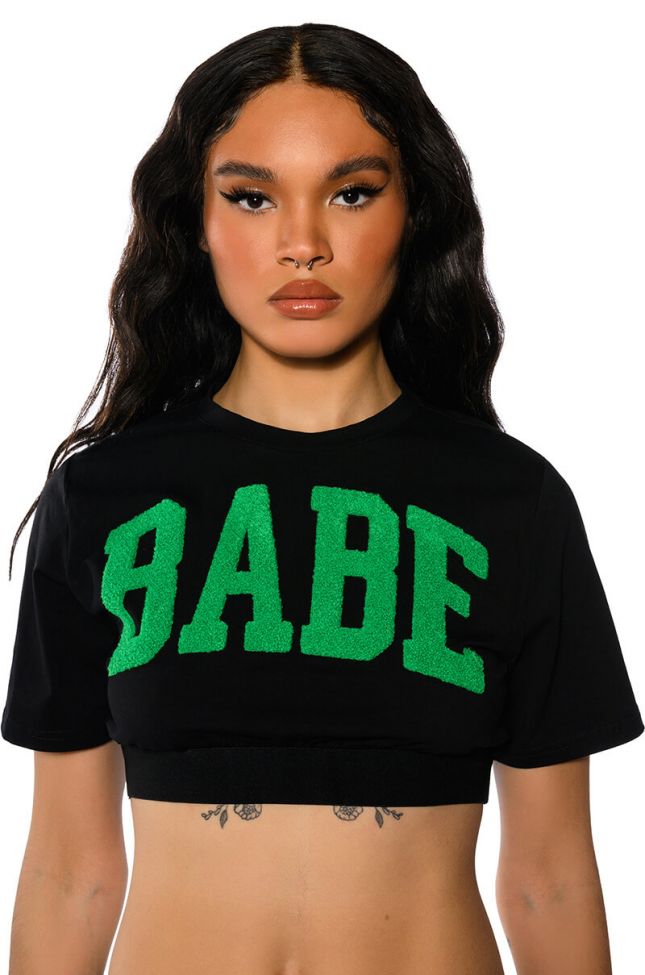 Front View Not Your Babe Cropped Short Sleeve Crew Neck Tshirt