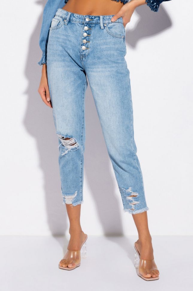 Front View Not Your Baby High Rise Distressed Mom Jean