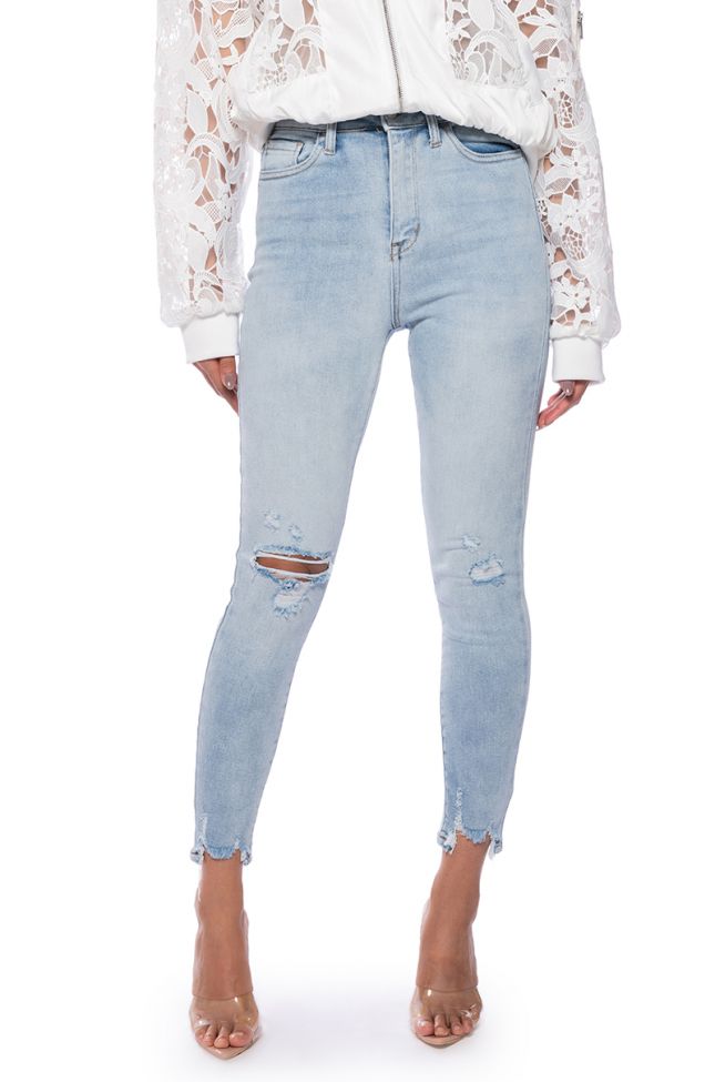 NOT YOUR BABY HIGH RISE DISTRESSED SKINNY JEANS