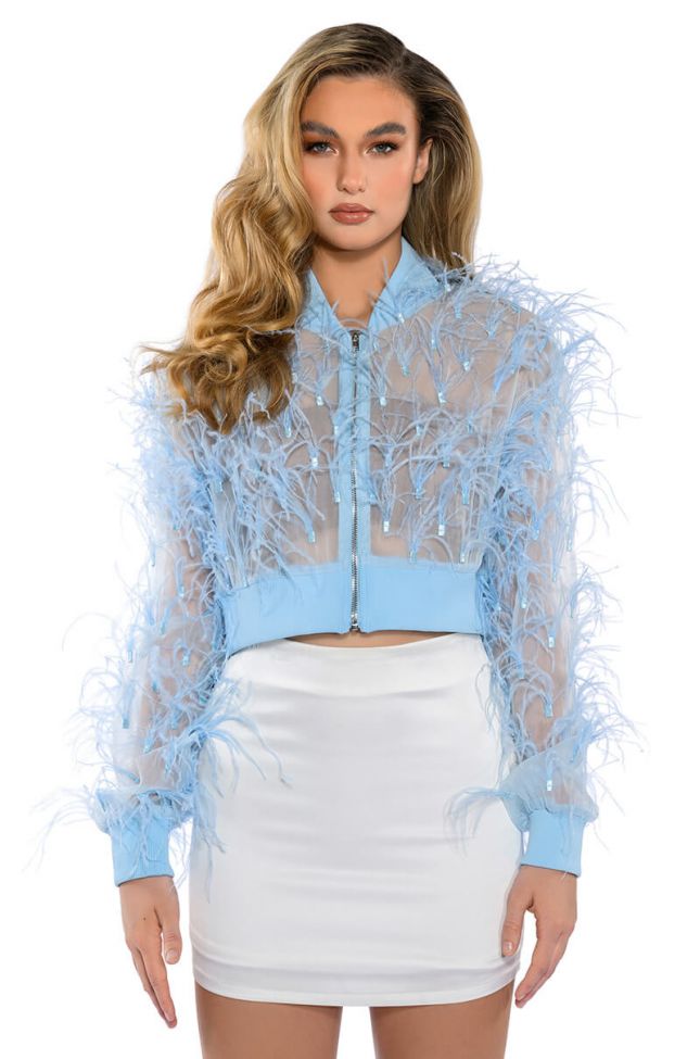 NOTHING BUT FEATHERS CROPPED SHEER BOMBER JACKET