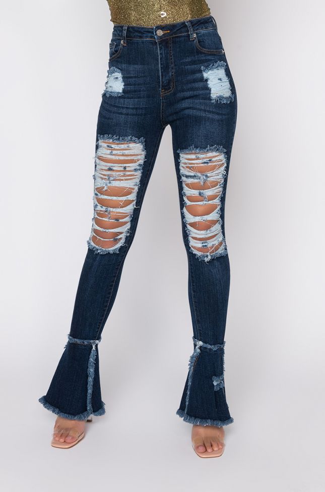 Front View Nouveau High Waisted Distressed Flare Jeans in Dark Blue Denim