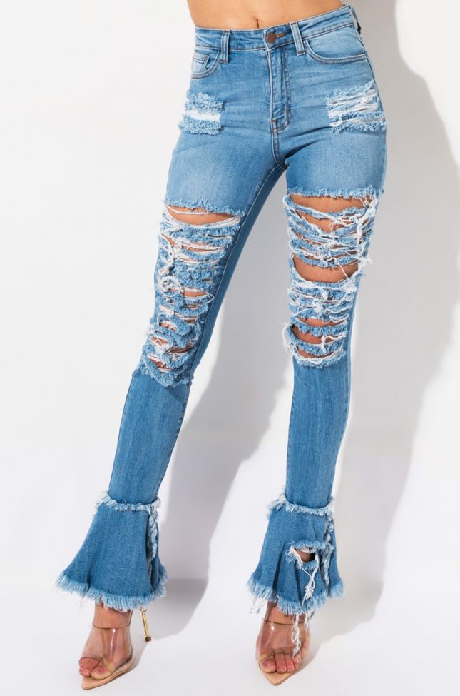 Front View Nouveau High Waisted Flare Jeans in Medium Blue Denim